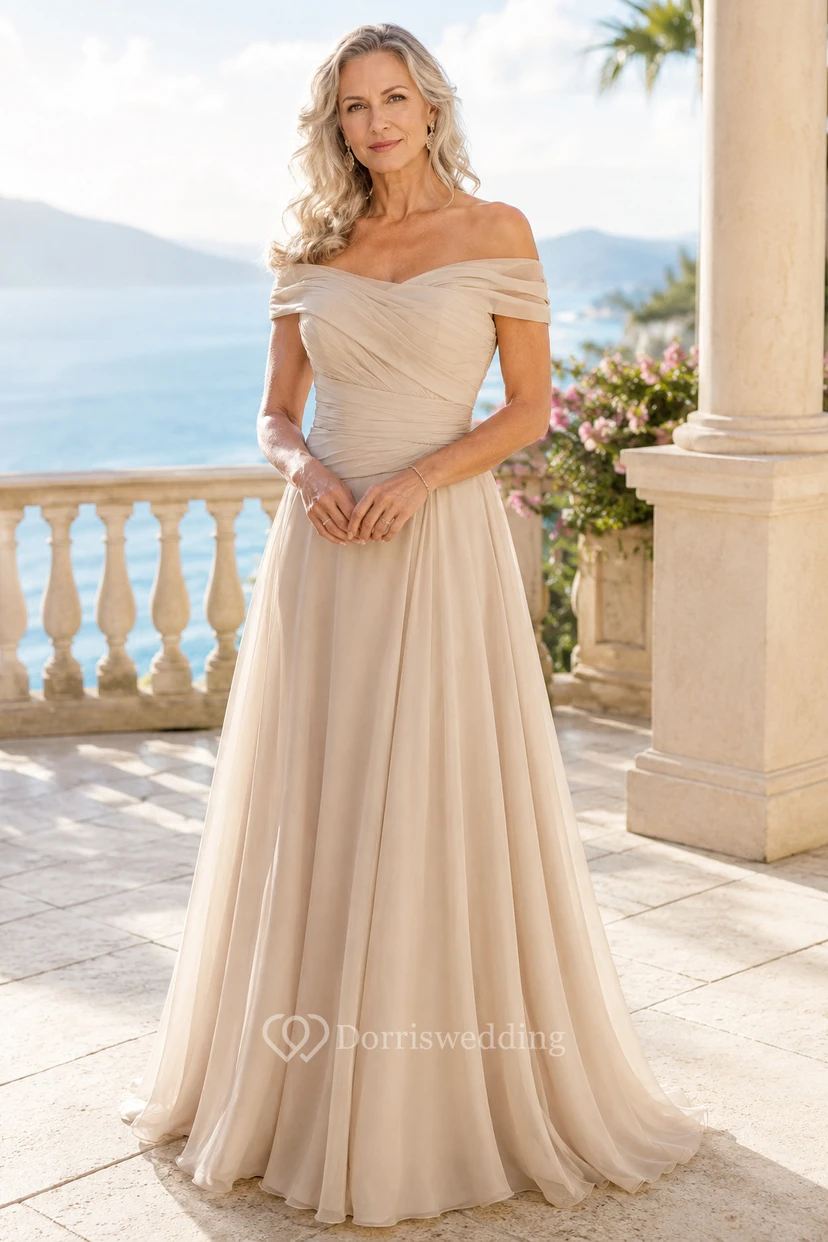 Maternity MOB Dress Champagne Tulle A-Line Short Sleeve Off Shoulder Floor Length Pleated