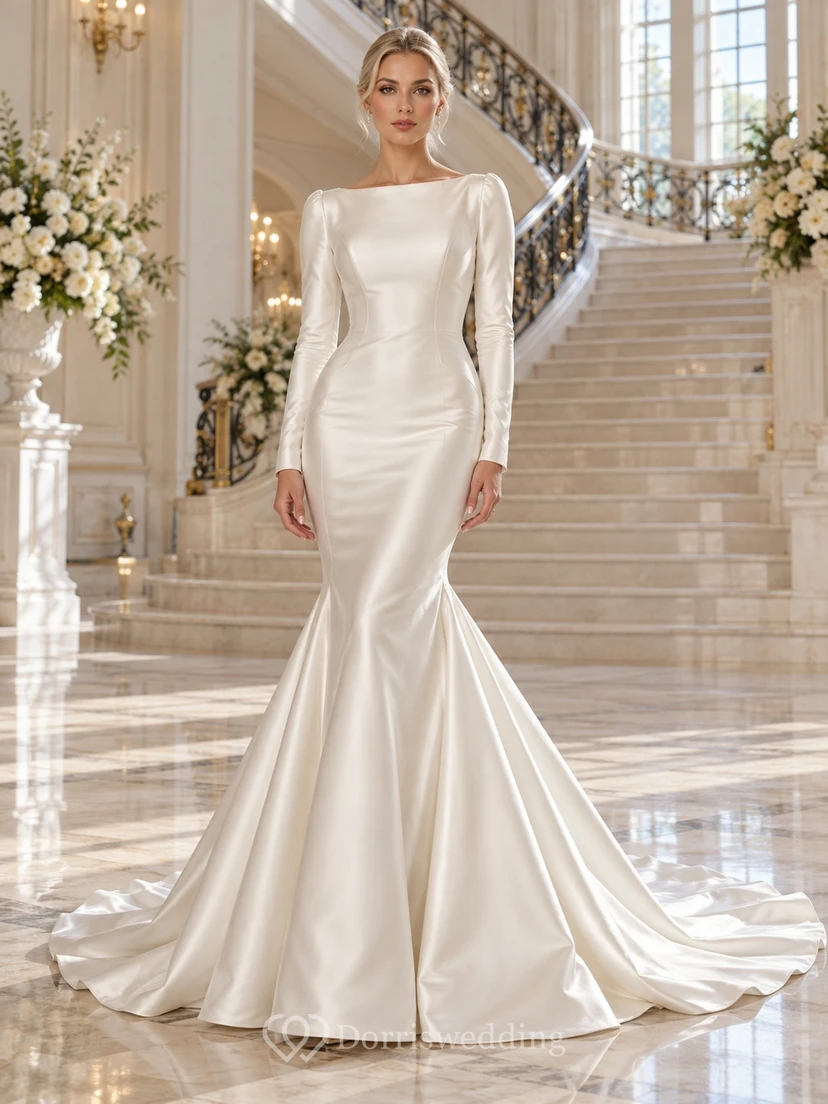 Simple Mermaid Long Sleeve Bateau Satin Court Train Wedding Dress