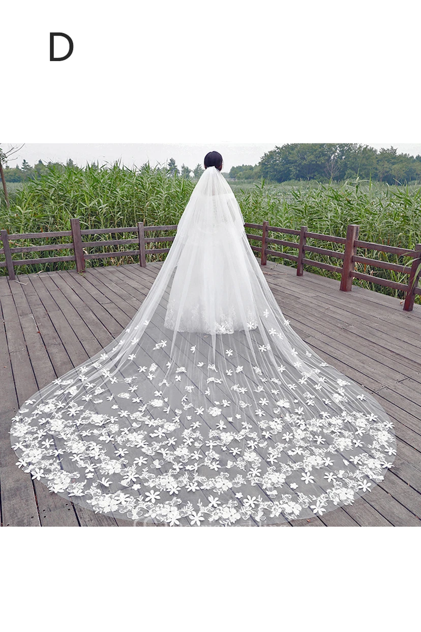 New Korean Ethereal Extra Long Tailed Wedding Veil with Lace Appliques view 4