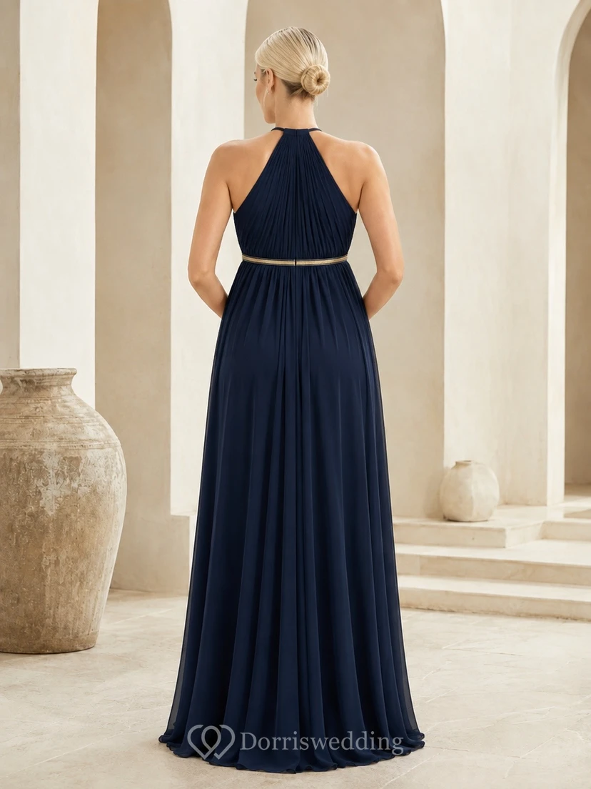 Elegant Maternity Navy Chiffon A-Line Floor-Length Halter Sleeveless Dress view 2
