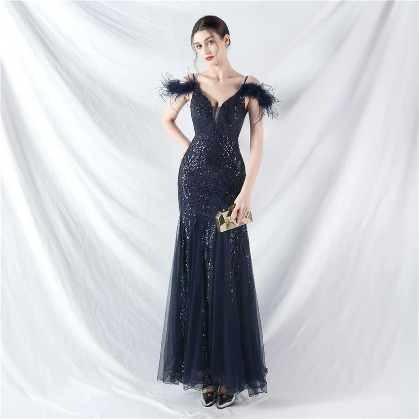 9-farbiges, handgefertigtes Abendkleid aus Kamelfedern, Netzstoff und Pailletten, sexy Trägern view 85