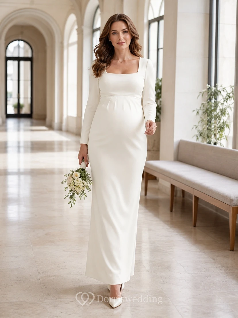 Maternity Wedding Dress Simple Sheath Floor-Length Square Neck Long Sleeve Modest Civil Style