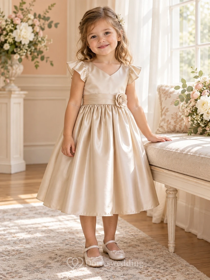 Teelanges, schlichtes champagnerfarbenes Sommerkleid in A-Linie aus Satin mit flatternden Ärmeln und Rosetten-Taille für Blumenmädchen