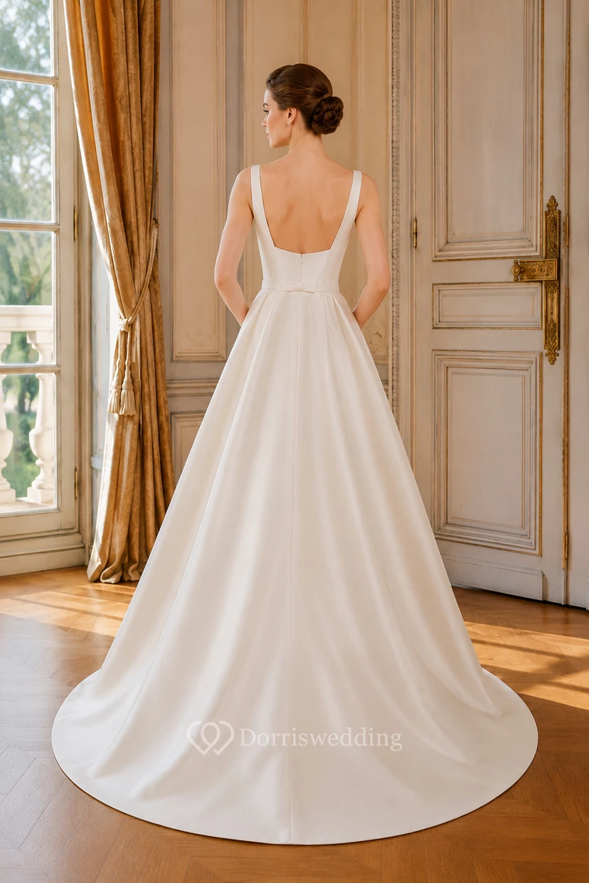 Robe de mariée trapèze en satin à encolure carrée et traîne courte view 2