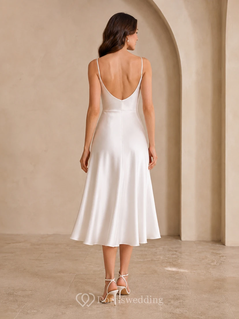 Elegant Civil Satin A Line Cowl Spaghetti Tea Length Wedding Dress view 2