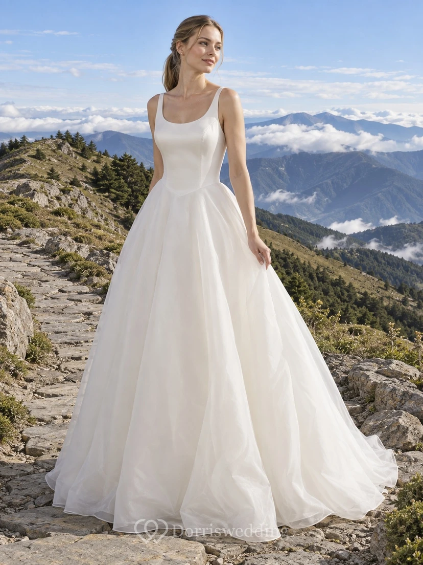 Schlichtes, ärmelloses A-Linien-Brautkleid aus Organza mit Rundhalsausschnitt