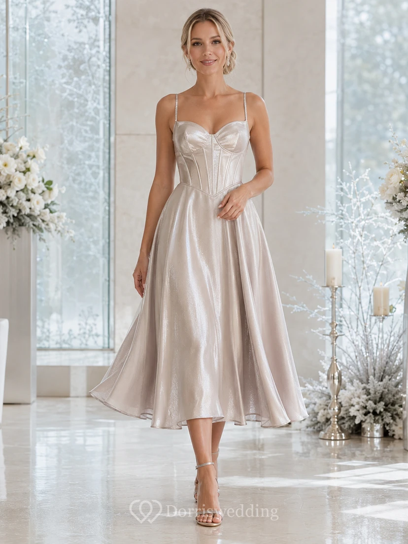 Silver Sweetheart Spaghetti Corset Satin A Line Midi Guest Dress