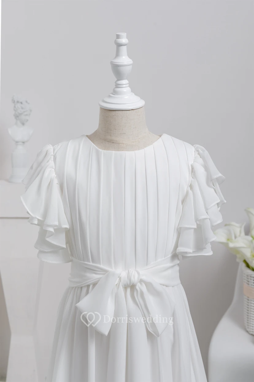White First Communion Bowed Chiffon Flowergirl Dress with Ruffled Sleeve view 4