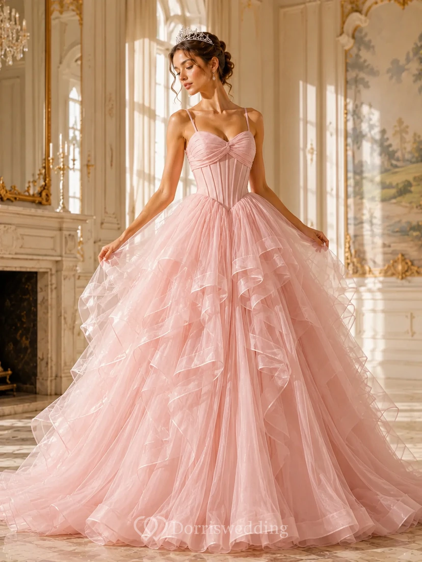 Tüll-Abendkleid in zartem Rosa, Spaghettiträger, bodenlanges Ballkleid mit Herzausschnitt, Stufen und Rüschen