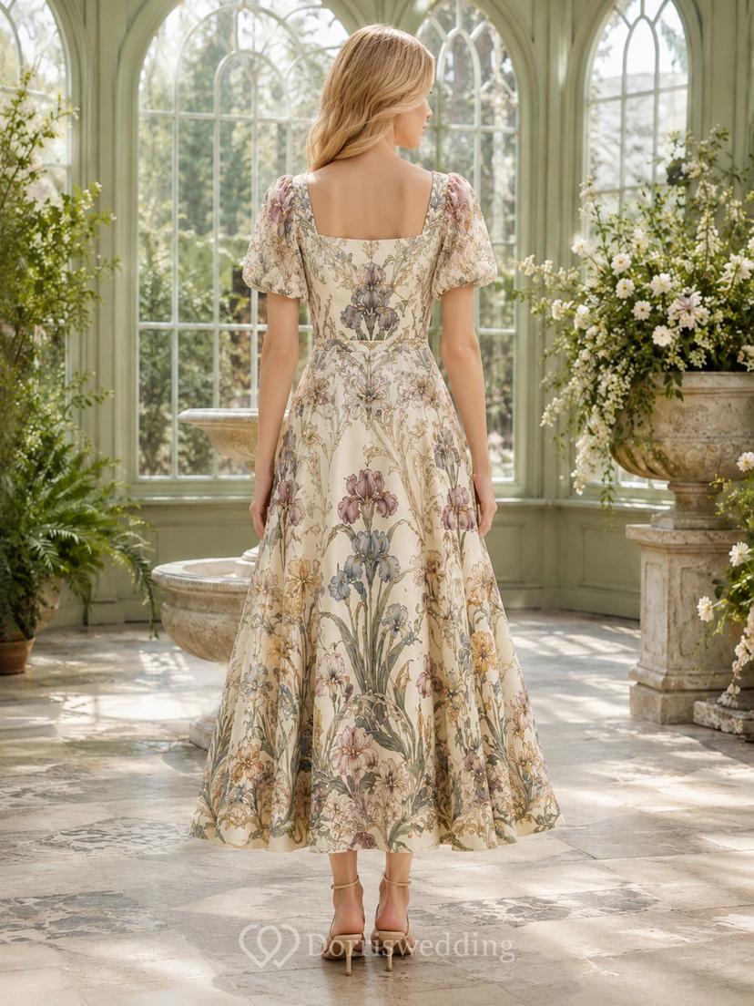 Vestido midi de invitada con mangas abullonadas y estampado floral estilo Art Nouveau view 2