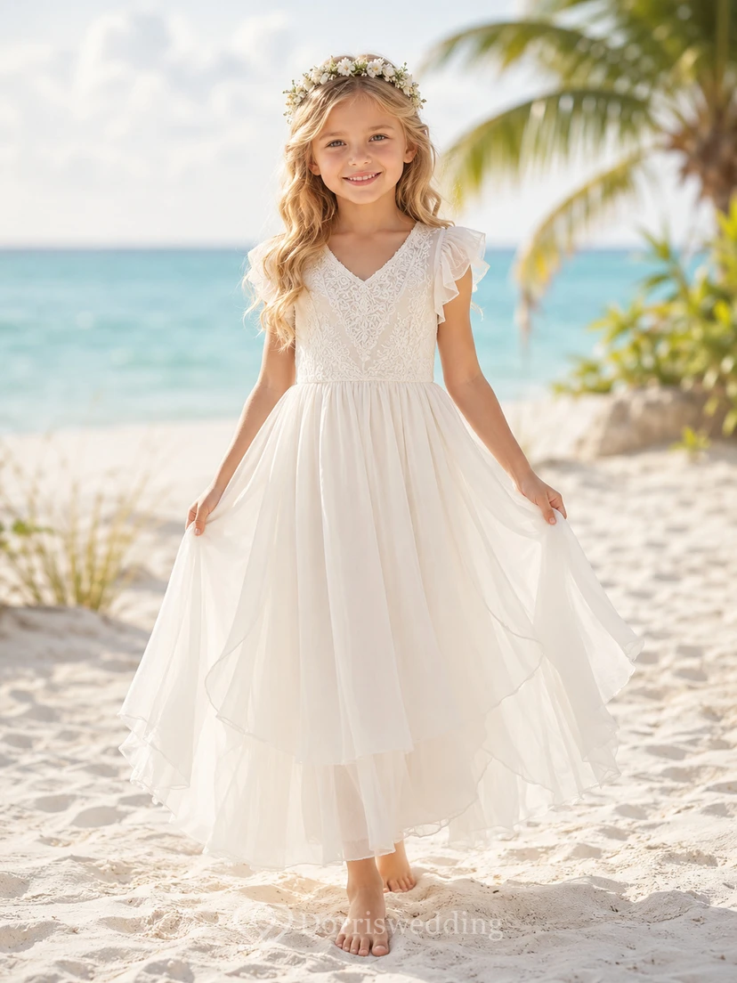 Blumenmädchenkleid aus elfenbeinfarbenem Chiffon, A-Linie, kurze Ärmel, V-Ausschnitt, Teelänge, Schärpen-Detail