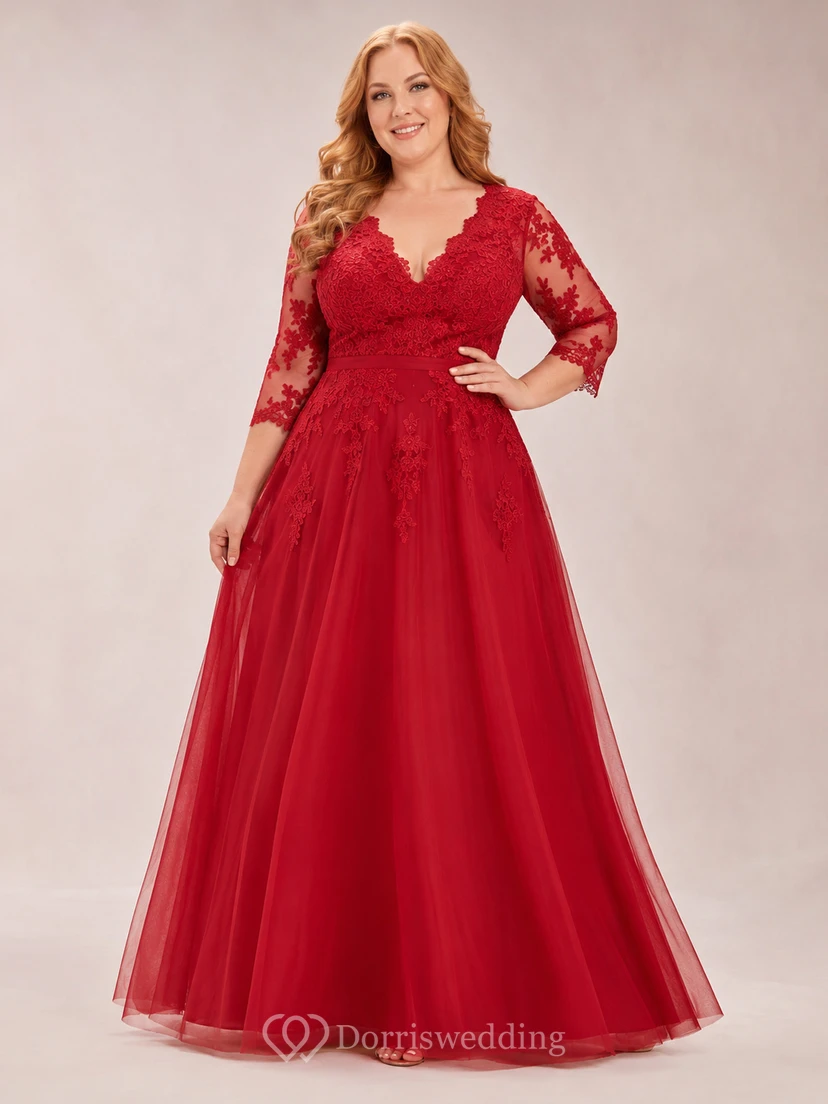 Red Plus Size V-Neck Lace Sleeve Wedding Dress