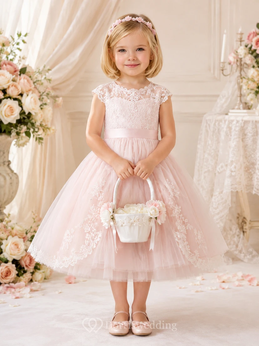 Flower Girl Dress Blush Lace Tulle A-Line Jewel Neck Tea Length Bow Back