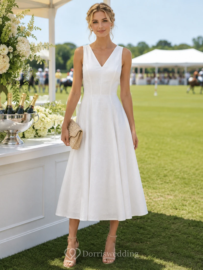 Vestido midi blanco de polo con cuello en V, sin mangas y plisado.