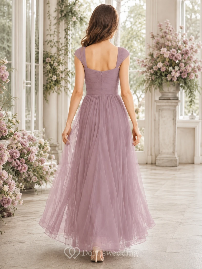 Elegantes Vintage-Brautjungfernkleid in Mauve, A-Linie, eckige kurze Ärmel, Tüll view 2
