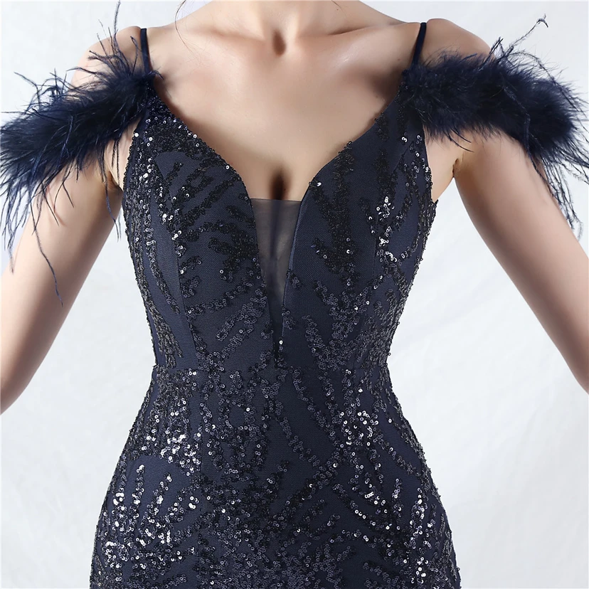 9-farbiges, handgefertigtes Abendkleid aus Kamelfedern, Netzstoff und Pailletten, sexy Trägern view 88