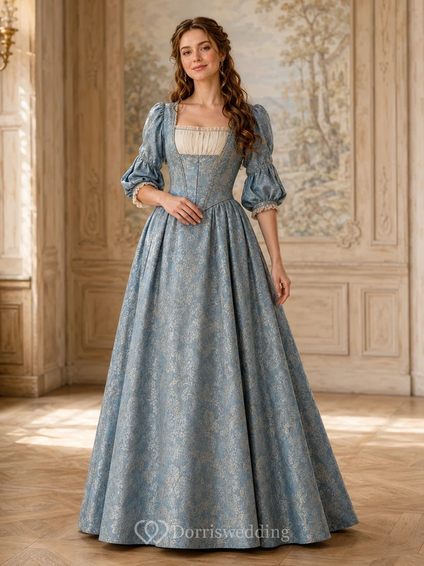 Vestido de gala largo hasta el suelo de tafetán de terciopelo azul acero con escote cuadrado y mangas acampanadas