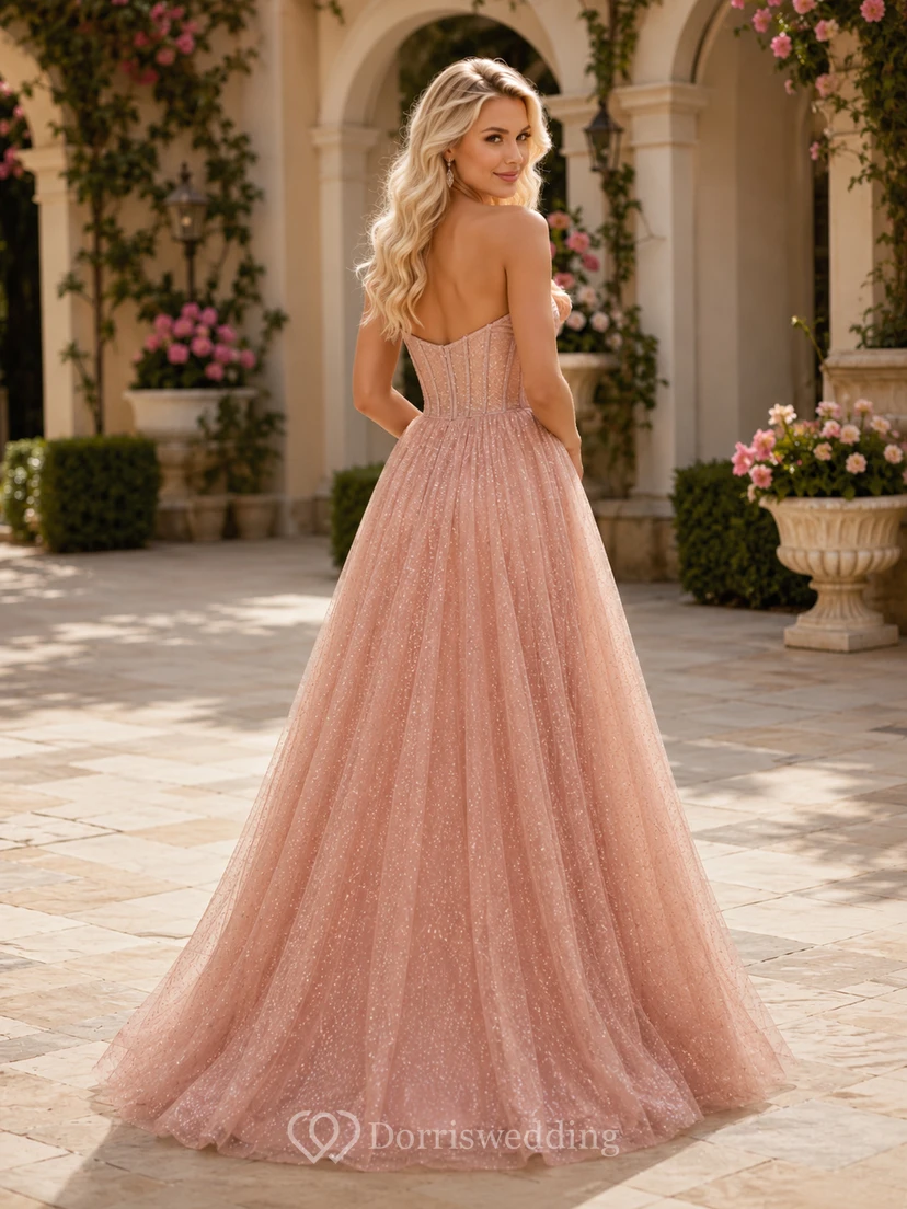 Luxuriöses, altrosafarbenes Pailletten-Abendkleid mit Spaghettiträgern und Korsett, bodenlang view 2