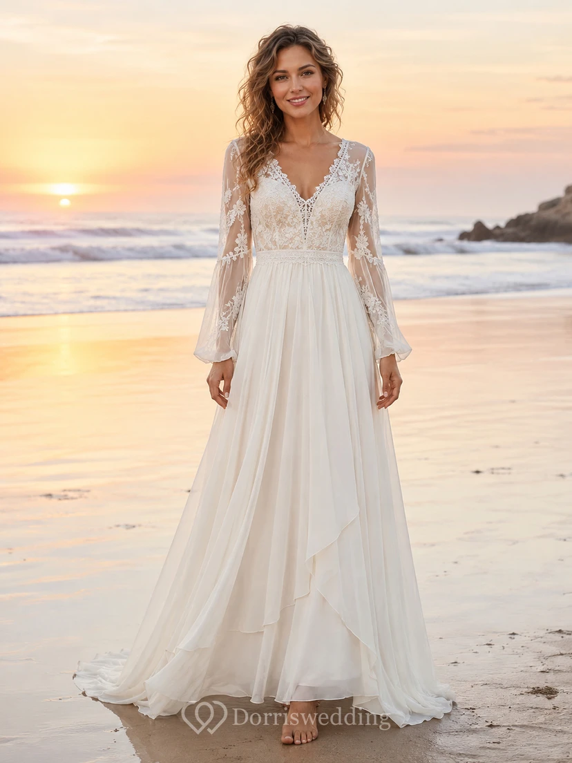 Boho V Neck Long Bell Lace Sleeve High Low Chiffon Beach Wedding Gown