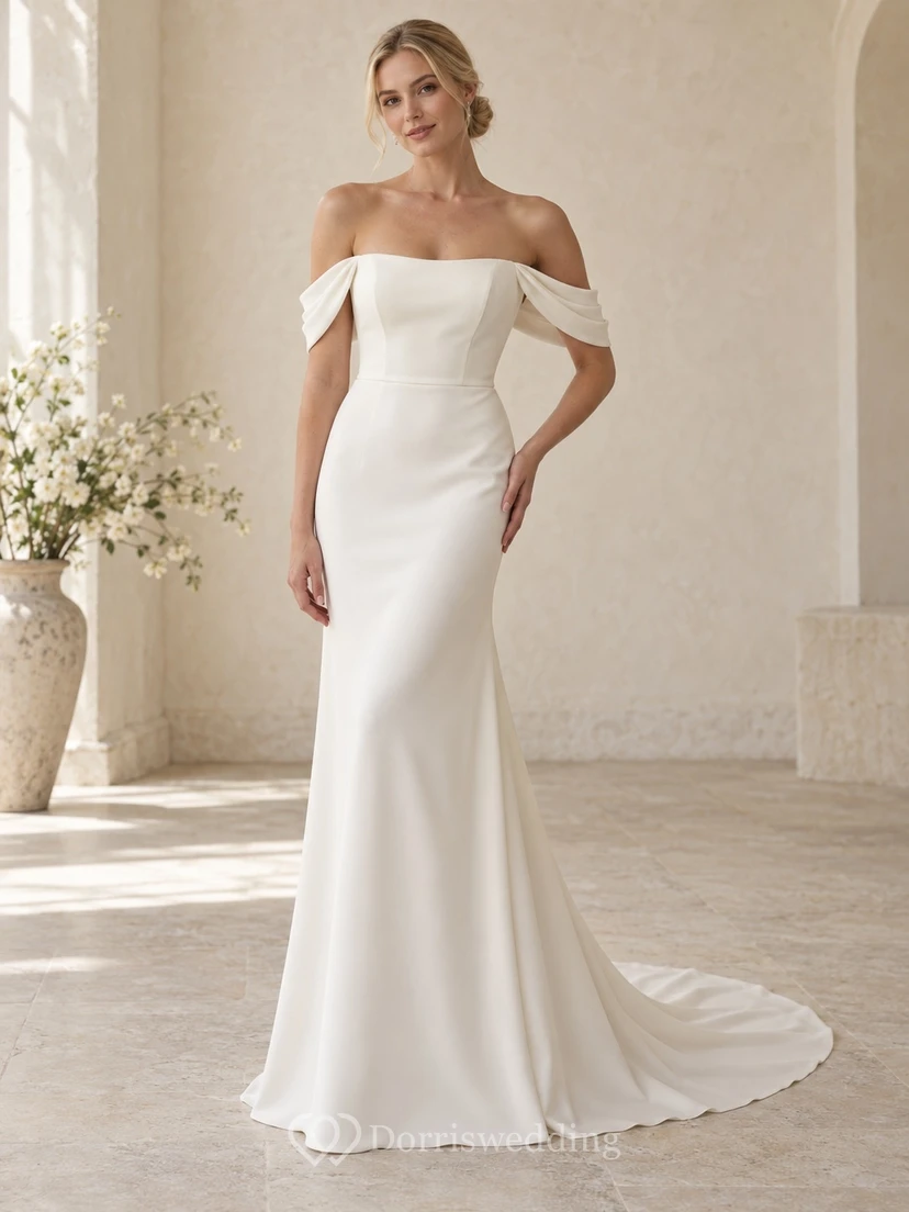 Simple Mermaid Off Shoulder Straight Neckline Draped Crepe Fitted Sweeping Wedding Dress