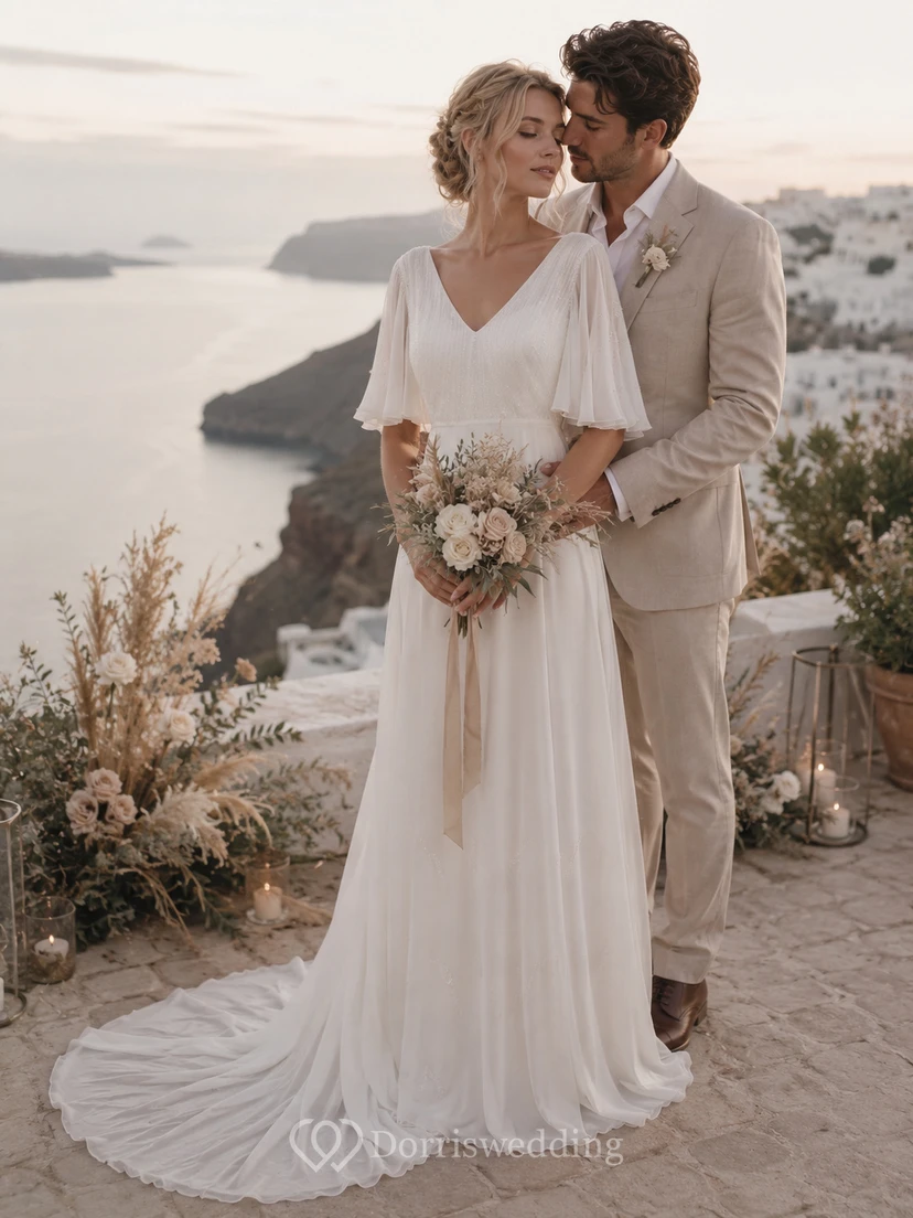 Vestido de novia de gasa con escote en V y mangas tres cuartos, estilo imperio. view 3