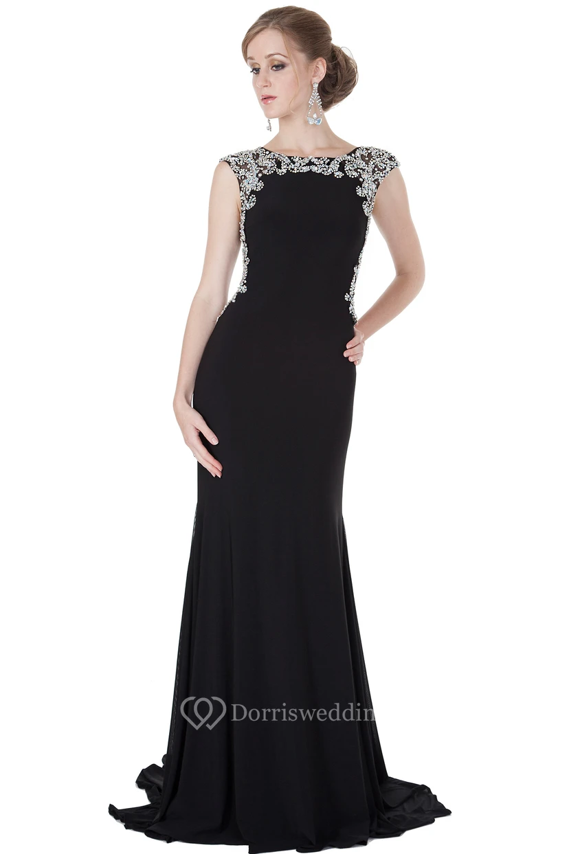 Scoop Neck Cap Sleeve Beaded Chiffon Evening Dress With Brush Train