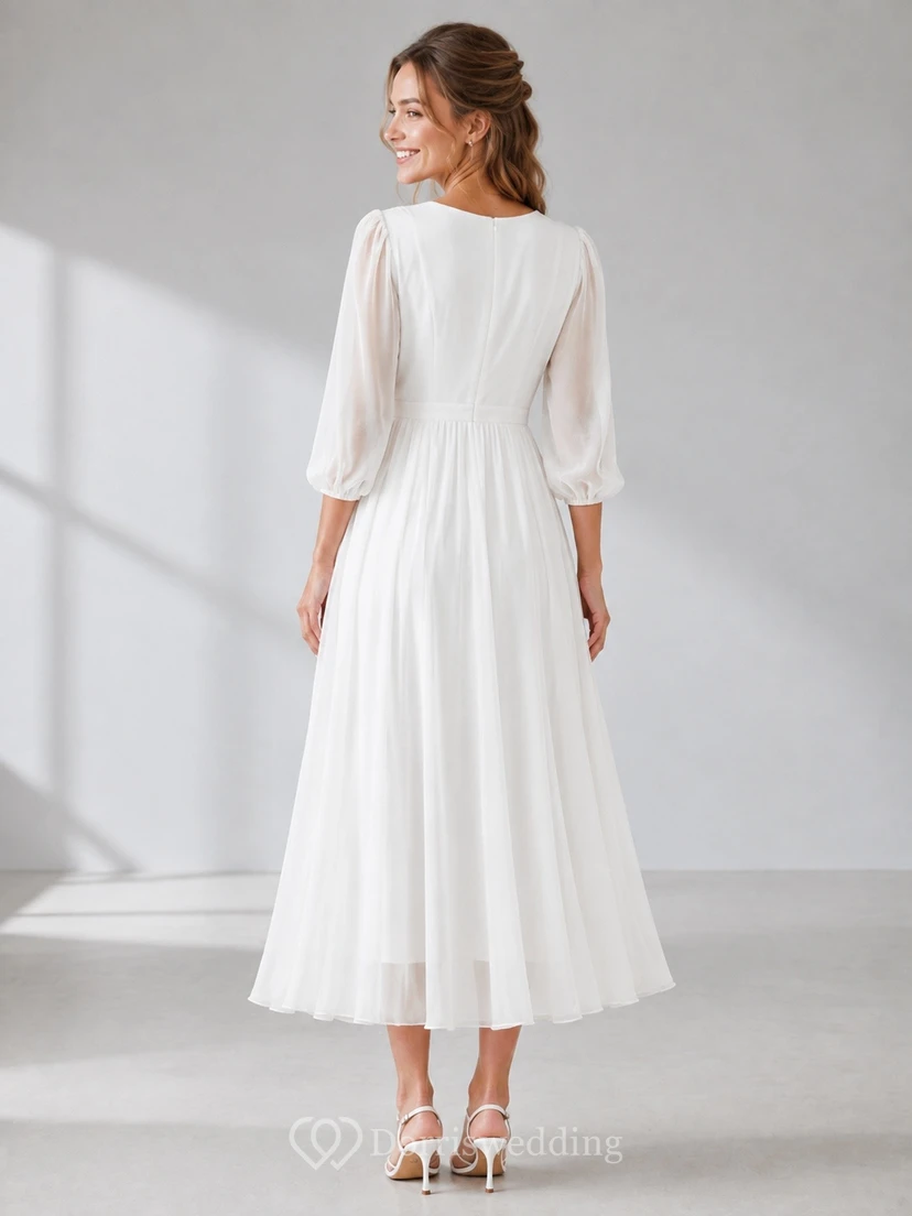 White Long Sleeve V-Neck Tea-Length Chiffon A-Line Wrap Dress view 2