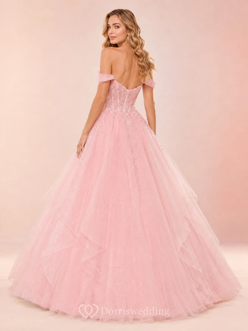 Rosafarbenes, geblümtes, schulterfreies Tüll-Ballkleid, Prinzessinnen-Abendkleid, Empfangskleid view 2