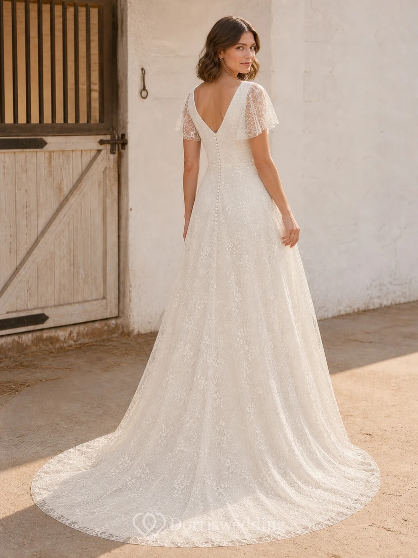 Vestido de novia romántico de corte A con escote en V, mangas cortas y borde festoneado floral. view 2