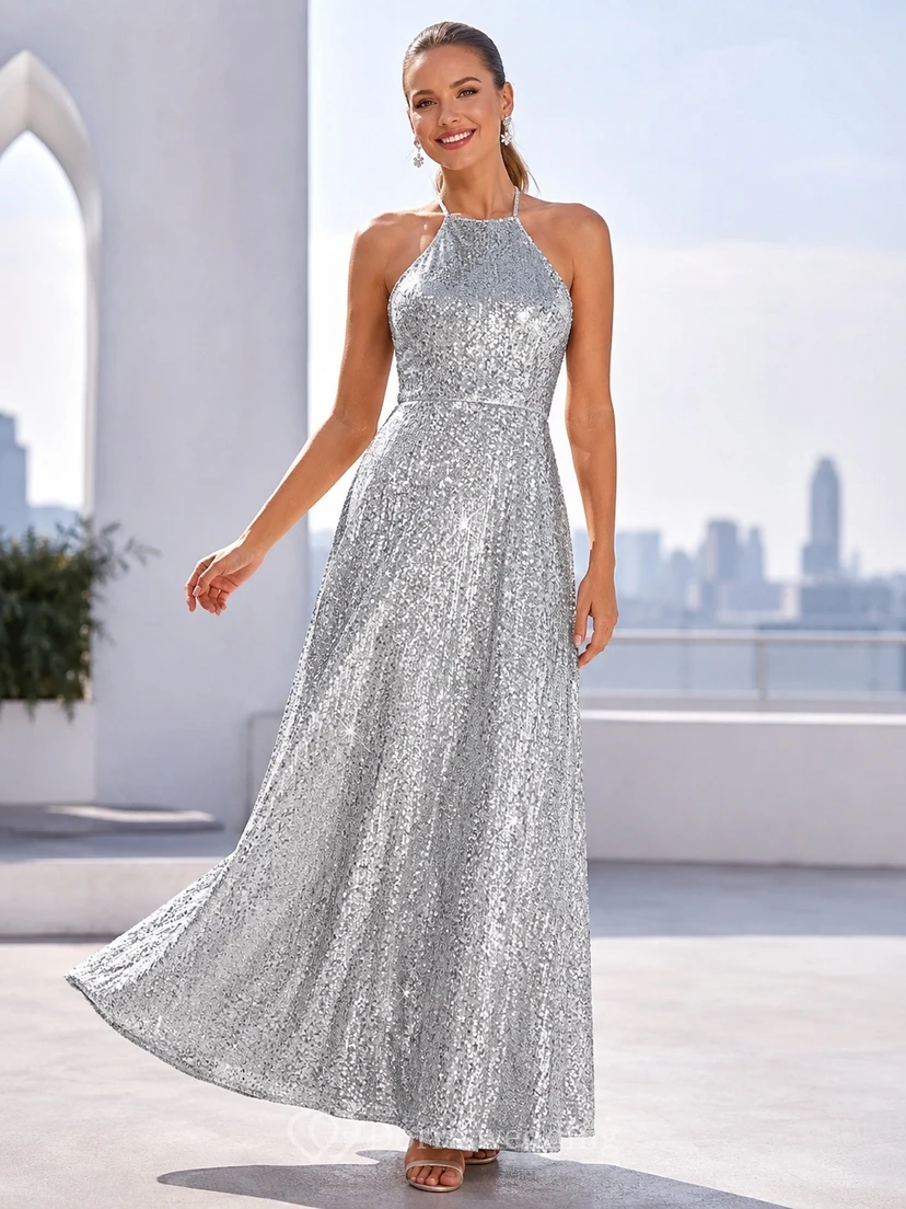 Vestido de noche plateado brillante sin mangas con escote halter y corte en A con lentejuelas