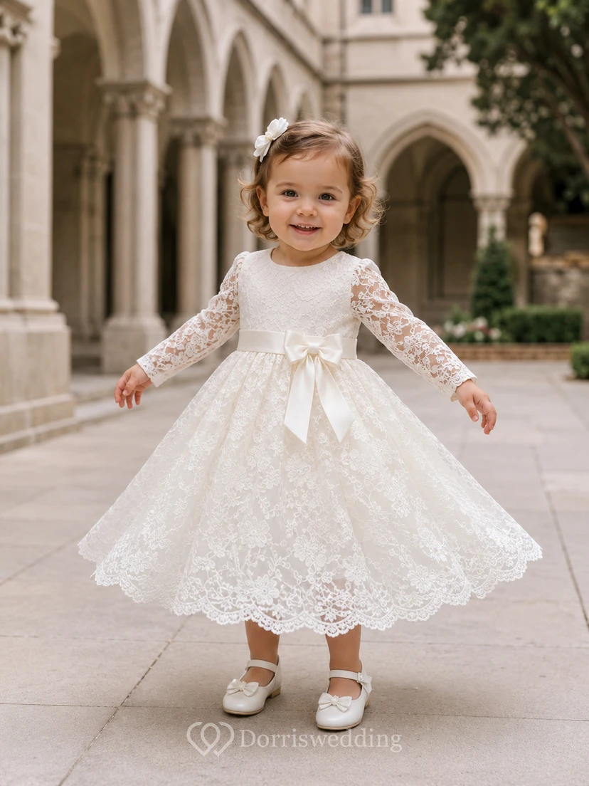 Elegantes Taufkleid mit Spitzenärmeln in A-Linie für kirchliche Zeremonien – schlicht, romantisch, bezaubernd, mit Tüll und Schmucksteinen verziert, lange Ärmel
