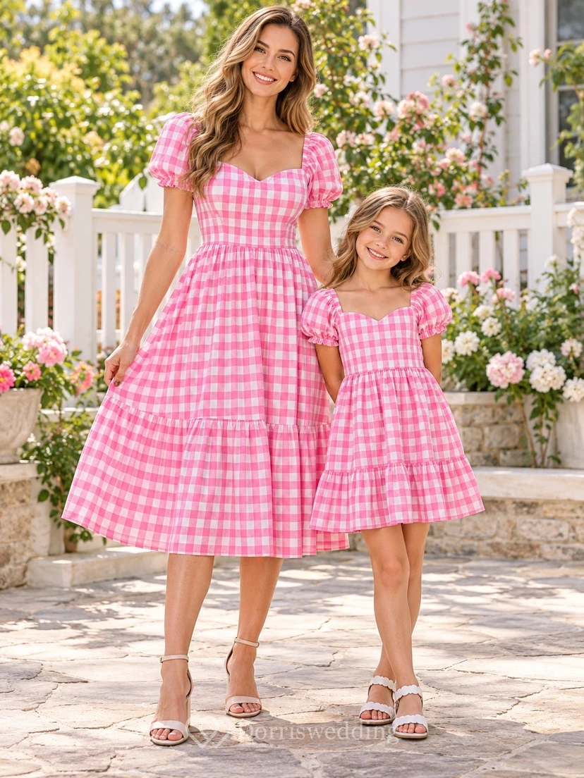Robe assortie pour toute la famille, rose bonbon à carreaux vichy, manches bouffantes, longueur thé