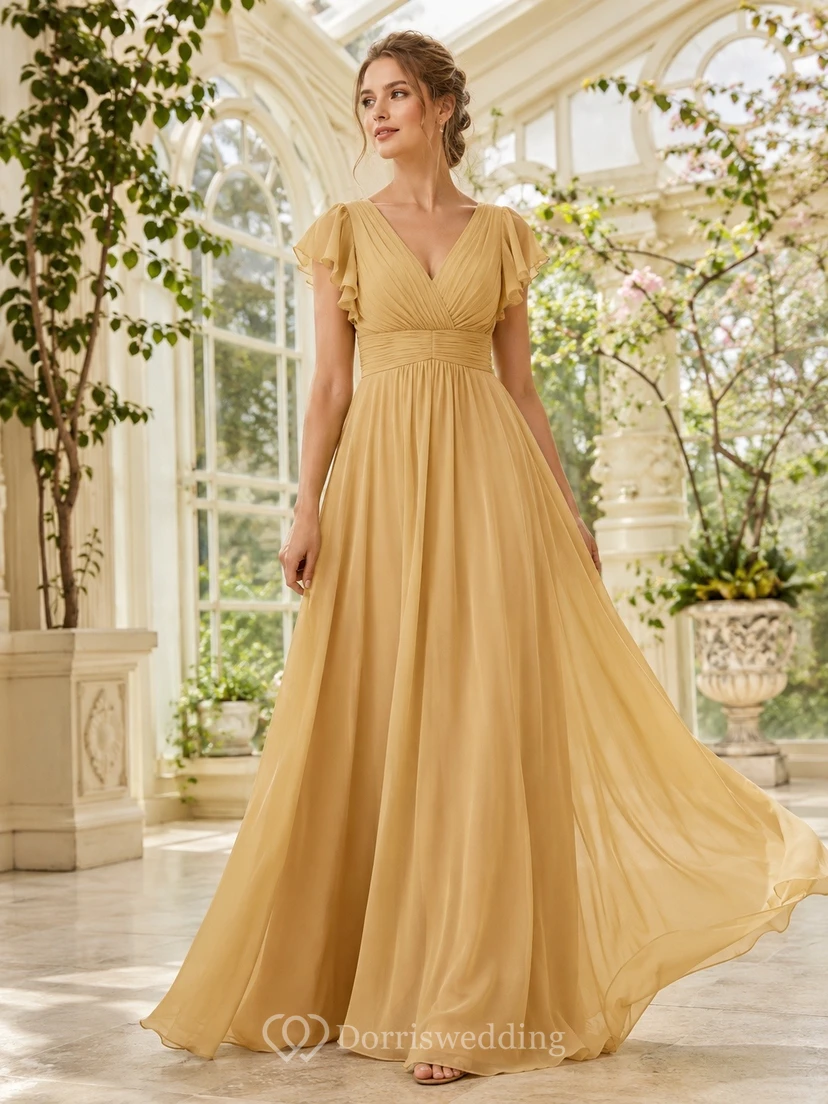 Vestido de noche romántico de gasa color dorado con escote en V, manga corta y corte imperio.