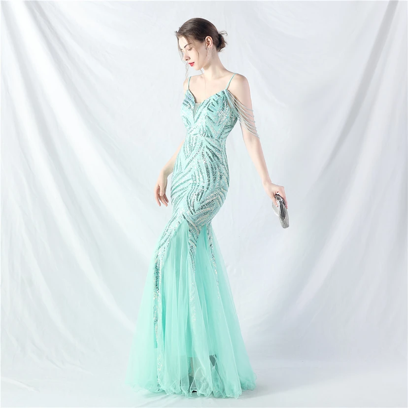 Layered Beads Spliced ​​Mesh High-End Evening Dress view 3
