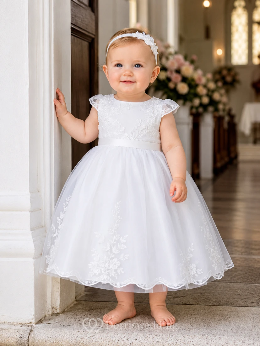 Taufkleid A-Linie Organza Tüll Rundhalsausschnitt Kurze Ärmel Spitzensaum