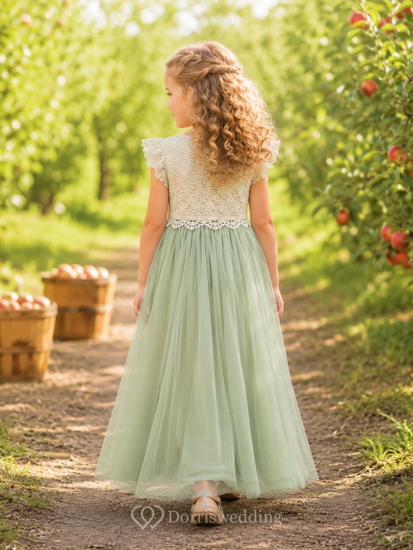 Vestido de jardín para niña de flores, corte A, de tul, con encaje de ganchillo y mangas con volantes, color verde salvia. view 2