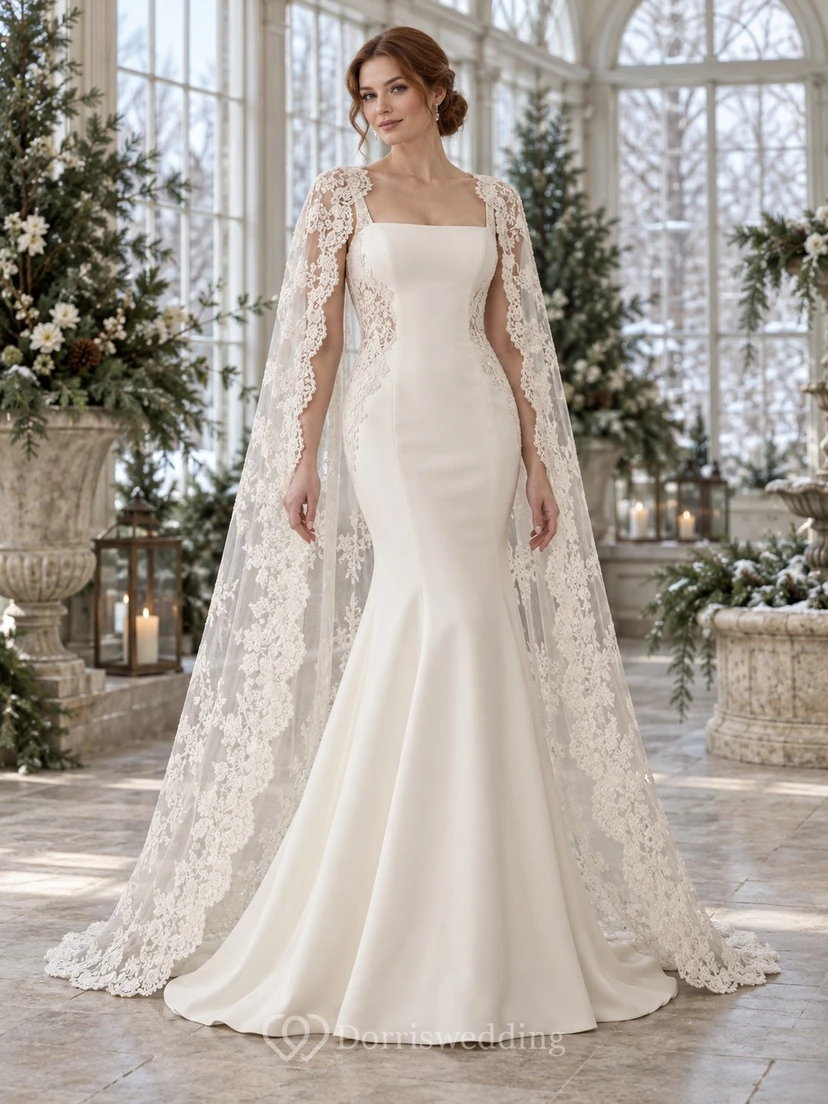 Vestido de novia de satén con capa de encaje festoneada, cuello cuadrado y escote cuadrado, sin mangas, estilo sirena.