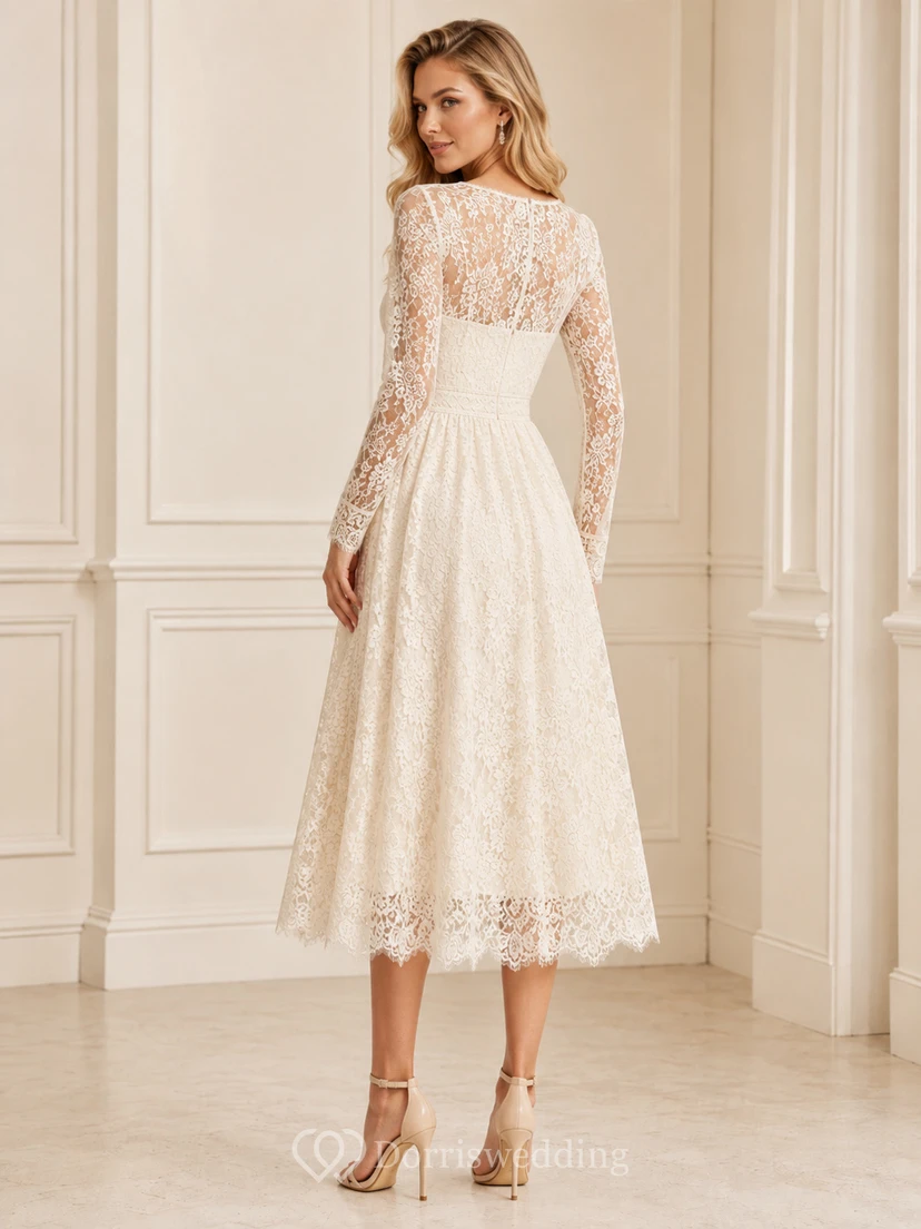 Ivory Bateau Sweetheart Long Lace Sleeve A-Line Tea Dress Garden view 2
