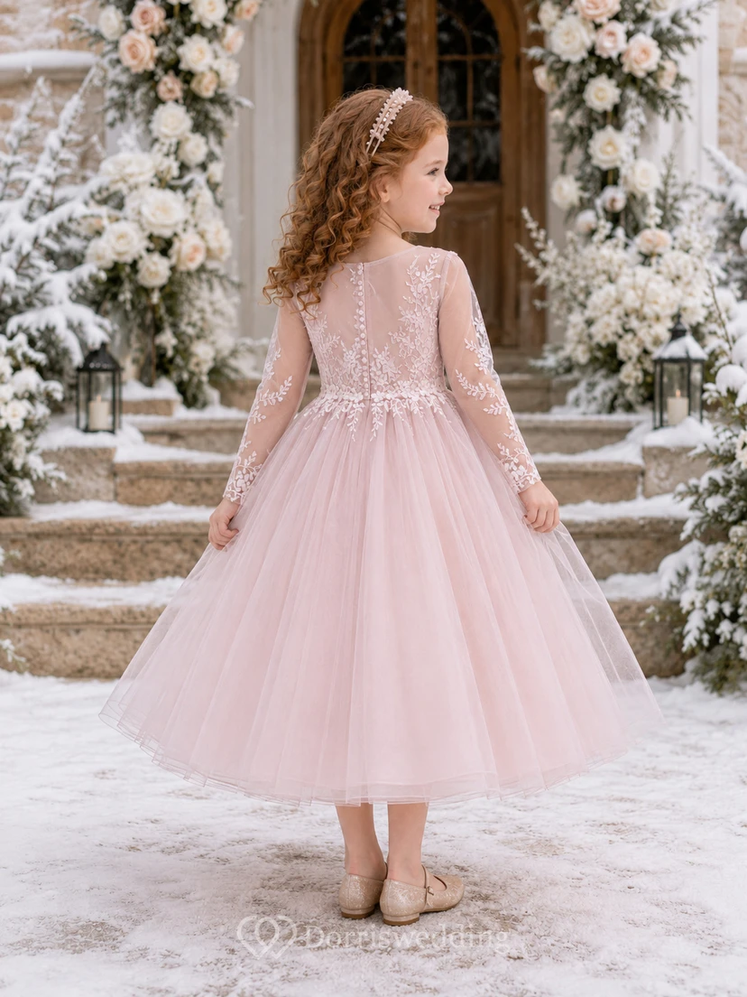 A-Line Winter Wedding Long Sleeve Flower Girl Dress with Long Illusion Sleeves, Floral Lace Bodice, Full Tulle Skirt, Floor-Length Winter Style view 2