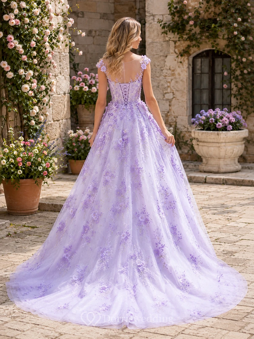 Vestido de novia de organza de manga corta con estampado floral lavanda y vestido de gala view 2