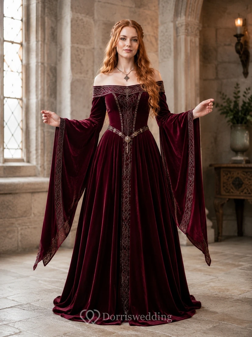 Burgundy Off-the-Shoulder Long-Sleeve Bell-Sleeve Velvet Tiered Ball Gown