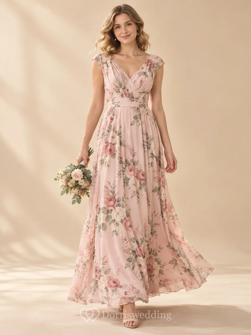 Vestido de dama de honor de gasa largo hasta el suelo con estampado floral rosa empolvado, escote en V discreto y mangas con volantes