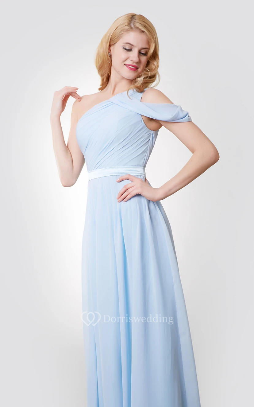 One-Shoulder Ruched Floor Length A-Line Chiffon Dress With Satin Sash view 5