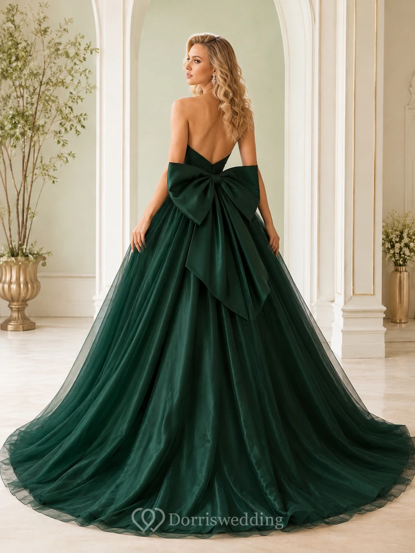 Dark Green Luxury Strapless Sweetheart Oversized Bow Satin Chapel Train Sweet Sixteen Ball Gown view 2
