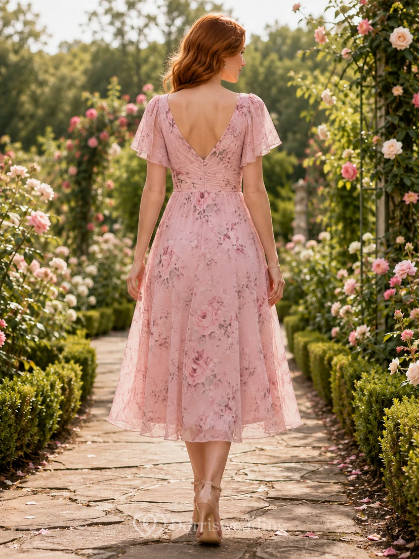 Blush Spring Garden Wedding Guest Dress A-Line Chiffon V-Neck Short Sleeve Tea-Length Floral view 2