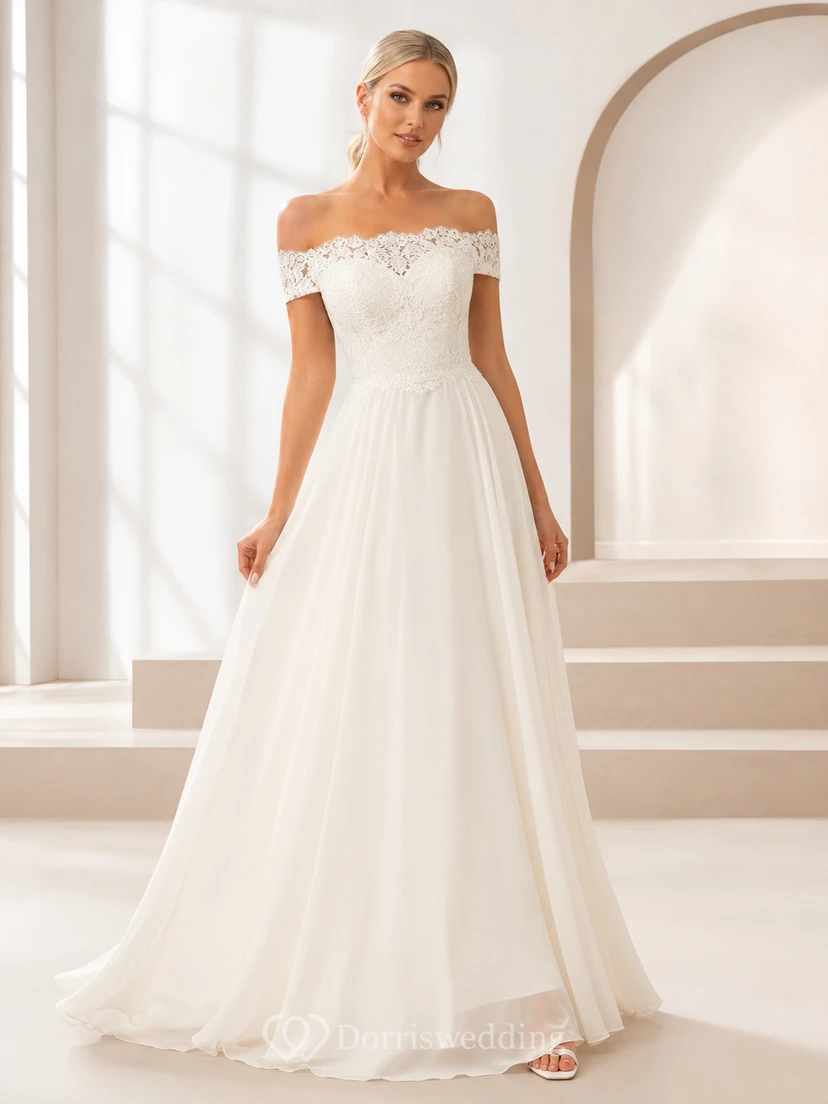Schulterfreies, bodenlanges Brautkleid aus Spitze und Tüll in A-Linie