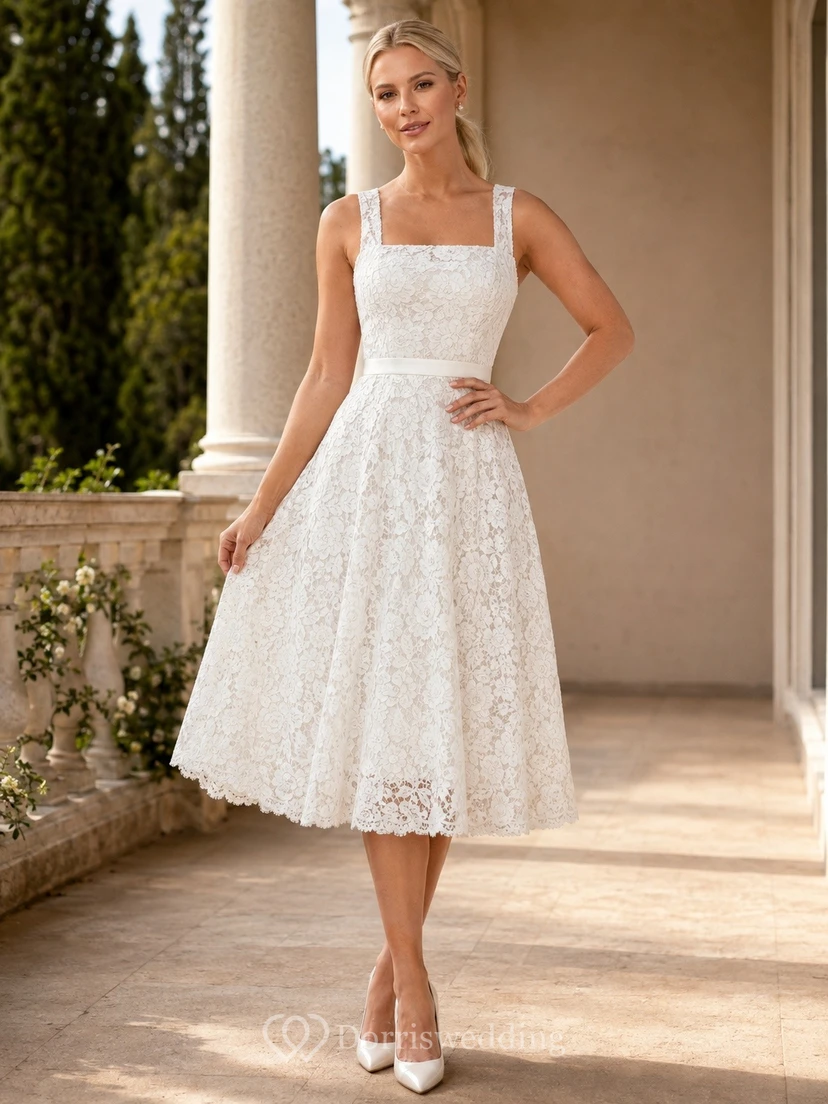 White Lace Square-Neck Sleeveless A-Line Tea-Length Occasion Dress