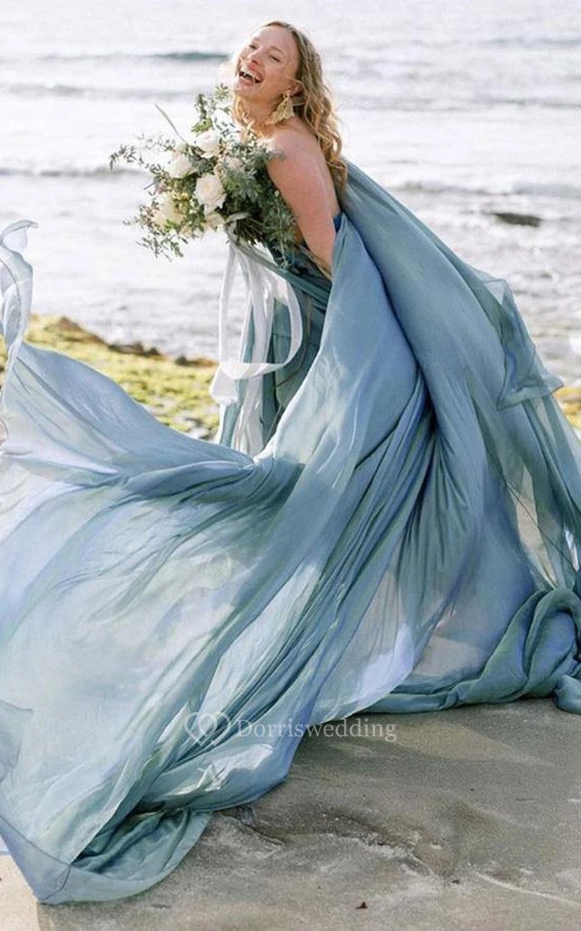 Vestido de dama de honor informal de boda, azul playa, de gasa, estilo imperio, plisado, con tirantes finos view 3