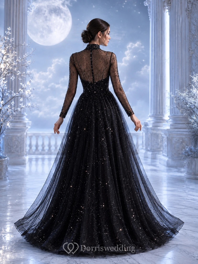 Black High-Neck Long-Sleeve Illusion Glitter-Tulle Ball Gown Floor-Length Fantasy Dress view 2