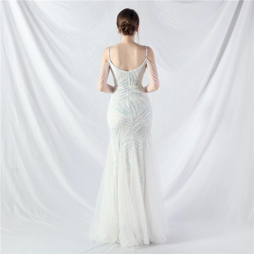 Layered Beads Spliced ​​Mesh High-End Evening Dress view 16